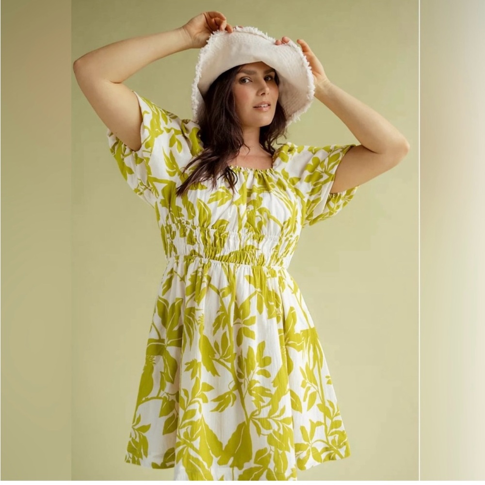 Anthropologie Yellow and White Puff Sleeve Sundress
